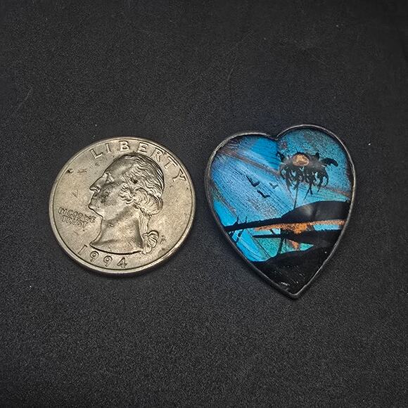 Sterling Silver Morpho Butterfly Wing Brooch Heart Shape Beach Theme - Picture 2 of 5